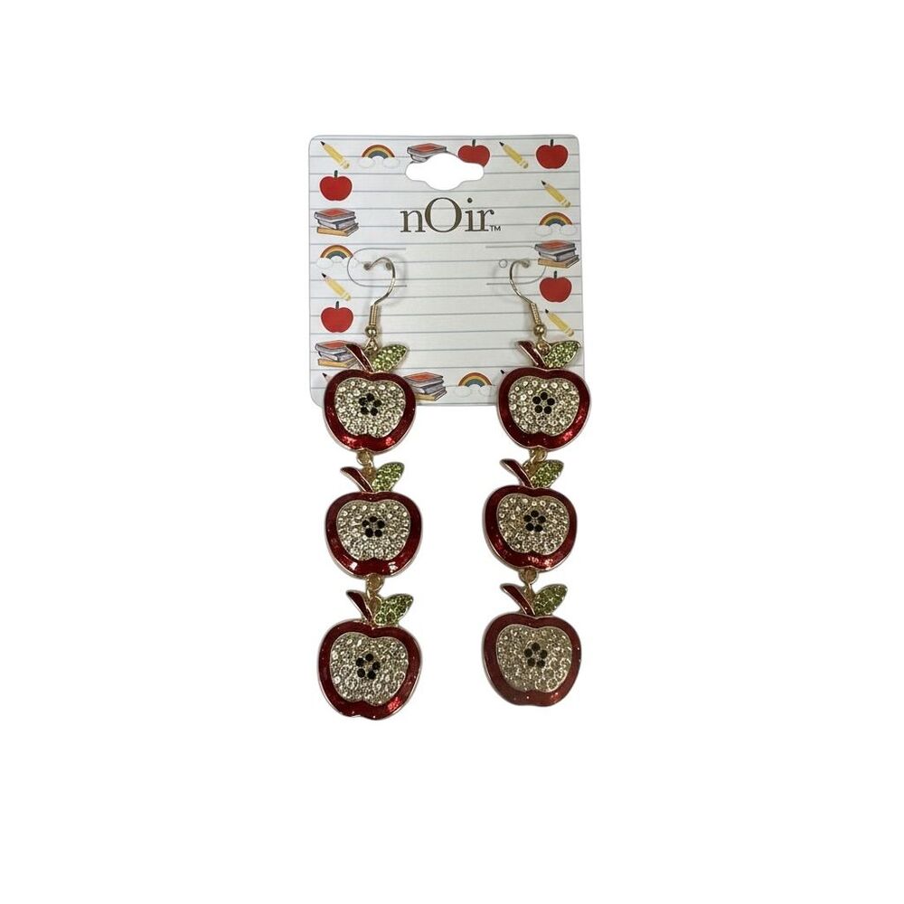 Noir Red Jeweled Apple Dangle Earrings Whimsical Fruit Theme